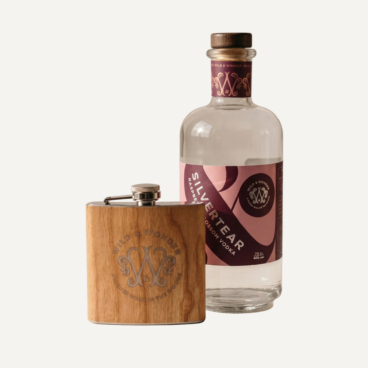 Bottle ofSilvertear Raspberry vodka and Wild & Wonder hipflask