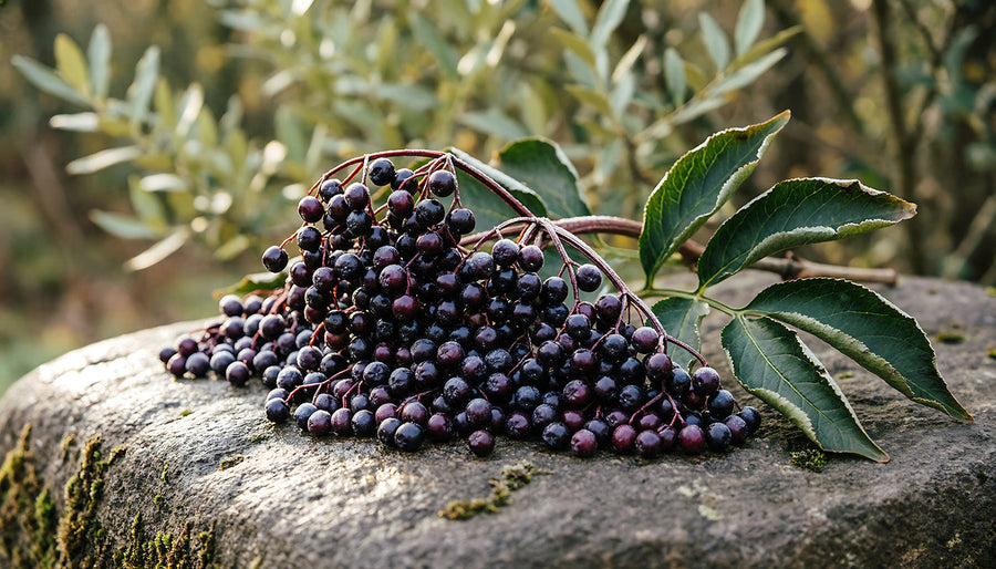 bunch of elderberries on a stone plinth in a forest