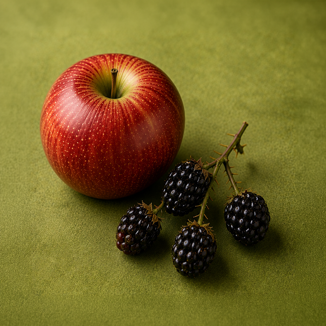 A red apple with yellow-green blush tones and four dark blackberries on a thorny stem, arranged on a textured olive green surface.