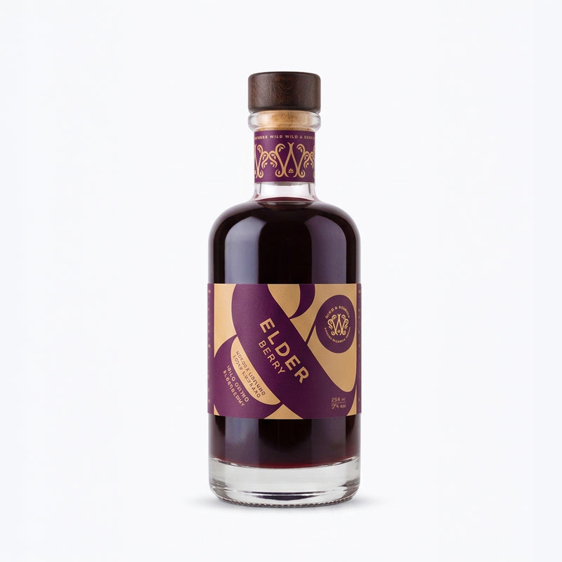 A 200ml bottle of Elder Berry liqueur with a dark purple and gold label, set against a clean white background.