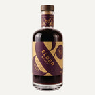 A bottle of Elder Berry liqueur with a dark purple and gold label, set against a clean light grey background.