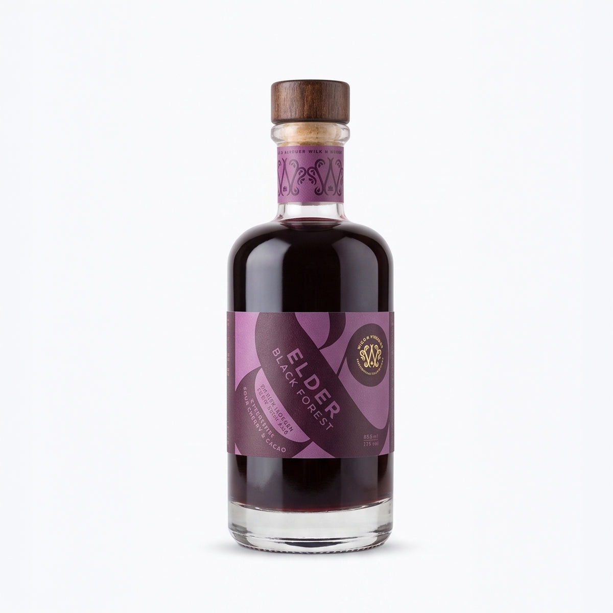 A bottle of Elder Black Forest elderberry liqueur with a purple label and a wooden stopper, shown on a clean white background.
