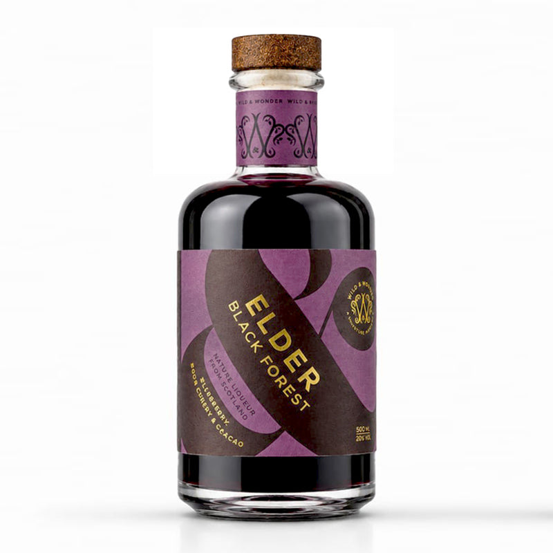 A 500ml bottle of Wild & Wonder Elderberry Black Forest elderberry, sour cherry & cacao liqueur with a purple and dark brown label, gold lettering and cork stopper, on a white background.