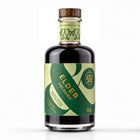 A 500ml bottle of Wild & Wonder Elder Orchard elderberry, bramble & apple liqueur with a green and light green label and wooden stopper, on a white background.
