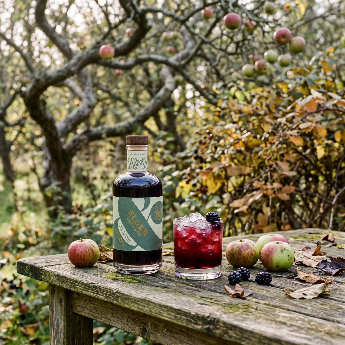 A bottle of Elder Orchard liqueur and a dark berry cocktail over crushed ice on a wooden table under an apple tree