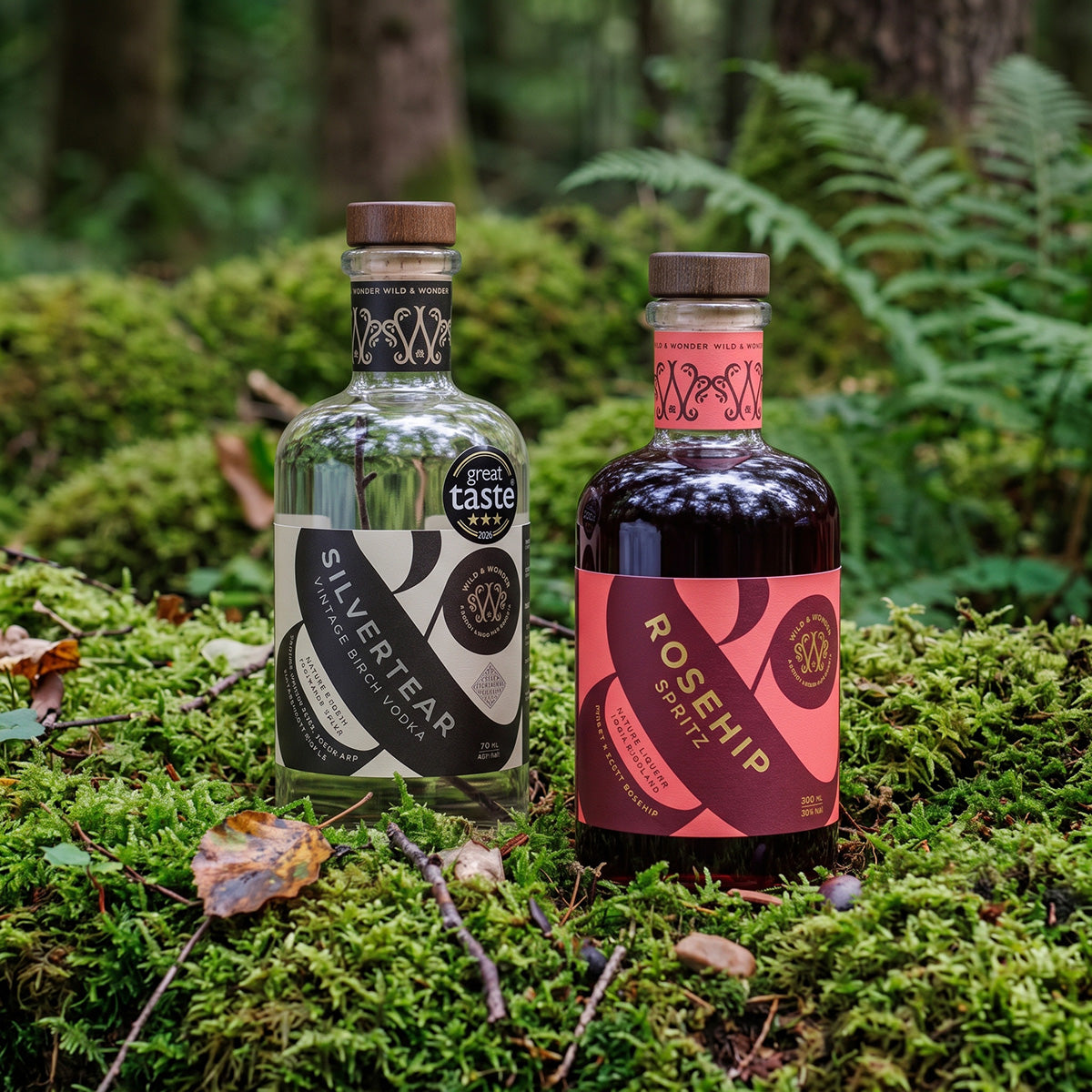 Wild & Wonder Great Taste Bundle: award-winning Silvertear Vintage birch sap vodka and Rosehip Spritz liqueur.