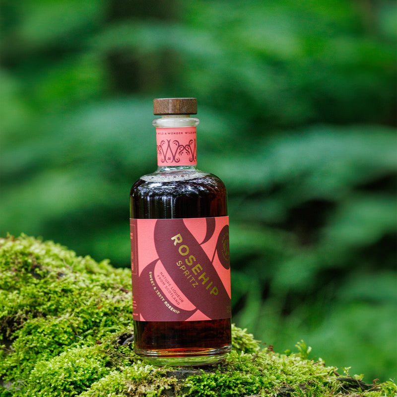 A bottle of Rosehip Spritz liqueur placed on a mossy log with a blurred green forest background.