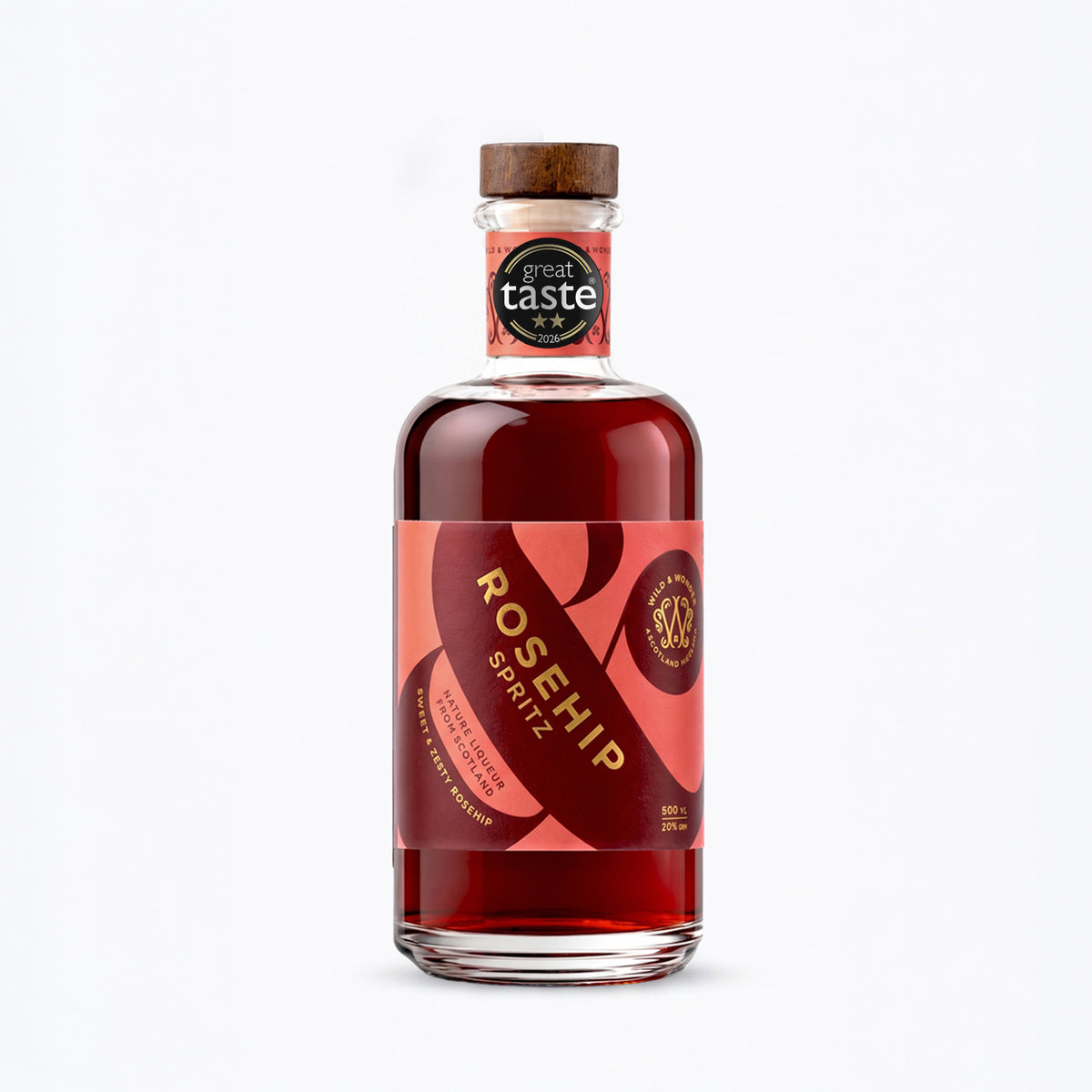 A 200ml bottle of Wild & Wonder Rosehip Spritz liqueur with a red and pink label, gold lettering and wooden cap, with a 2-star Great Taste 2026 award tag on the neck.