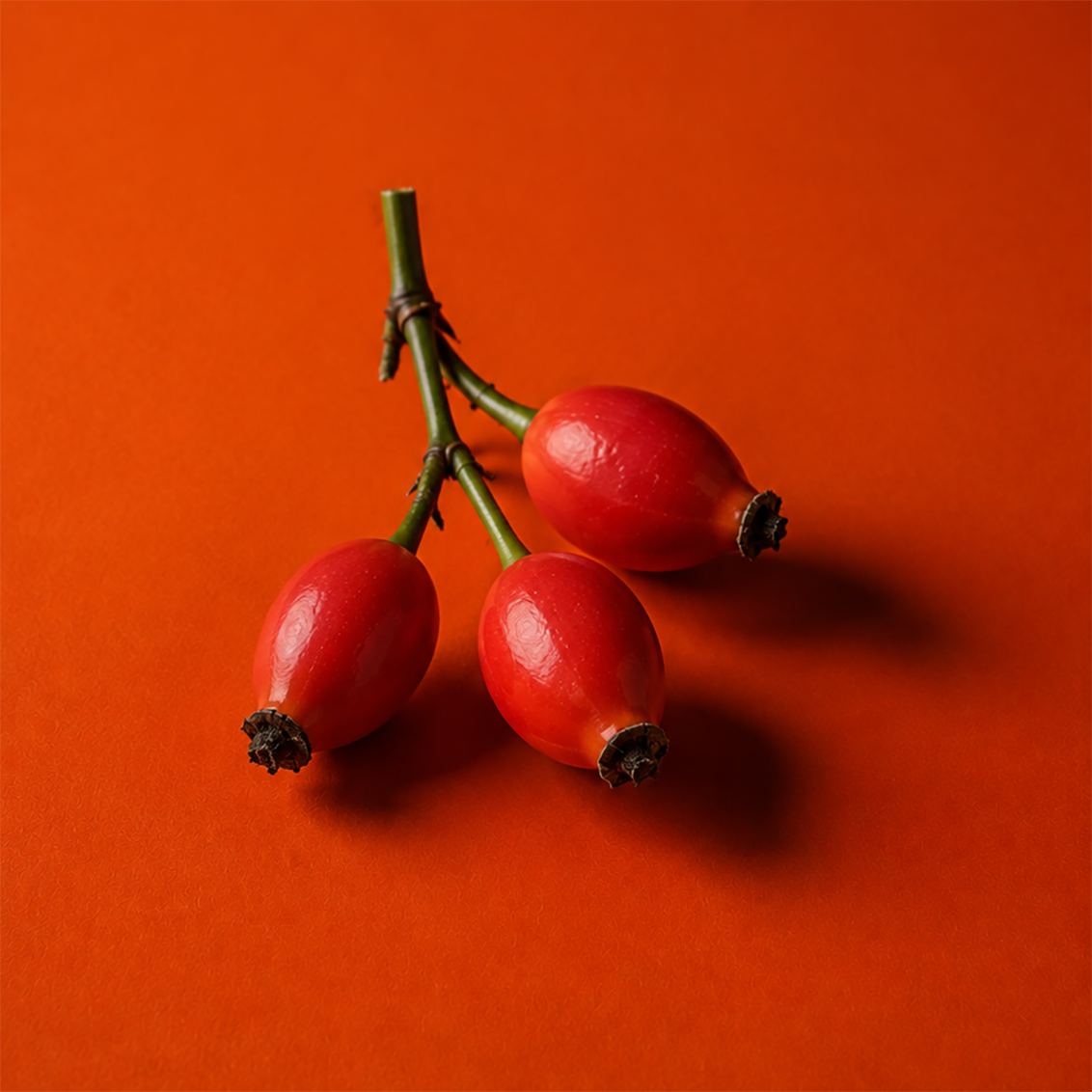 Three red rose hips on a green stem, arranged on a solid orange-red background with soft shadows.