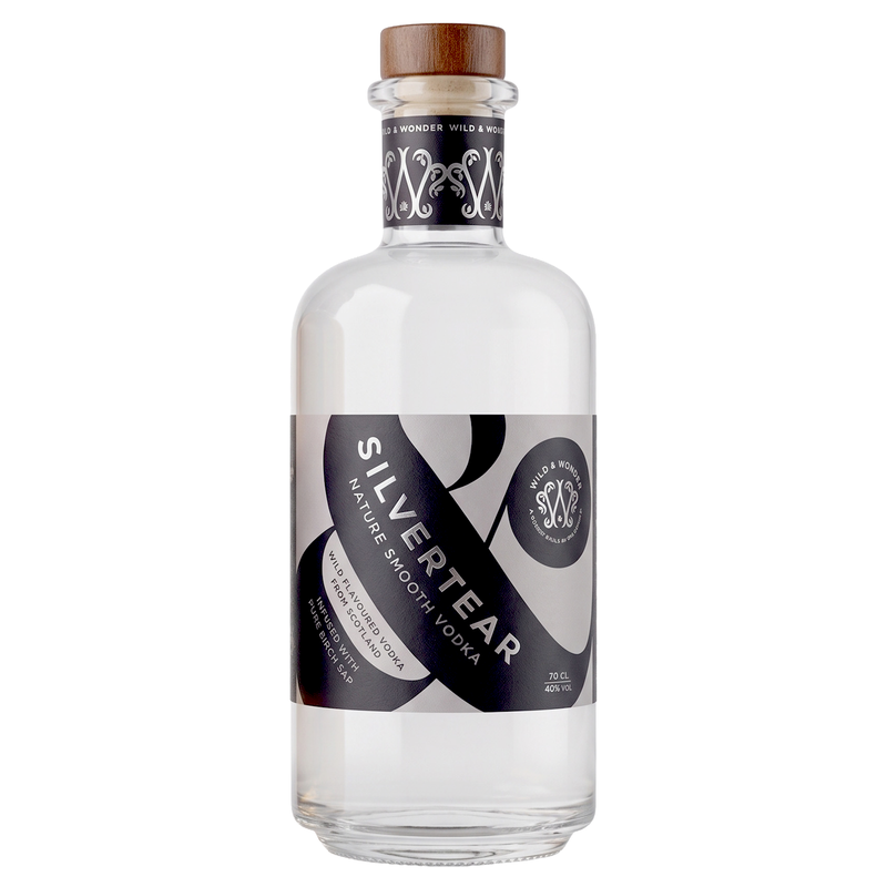 A bottle of Silvertear Vodka on a solid white background. The clear glass bottle features a black and white label with silver accents and a brown wooden cap.