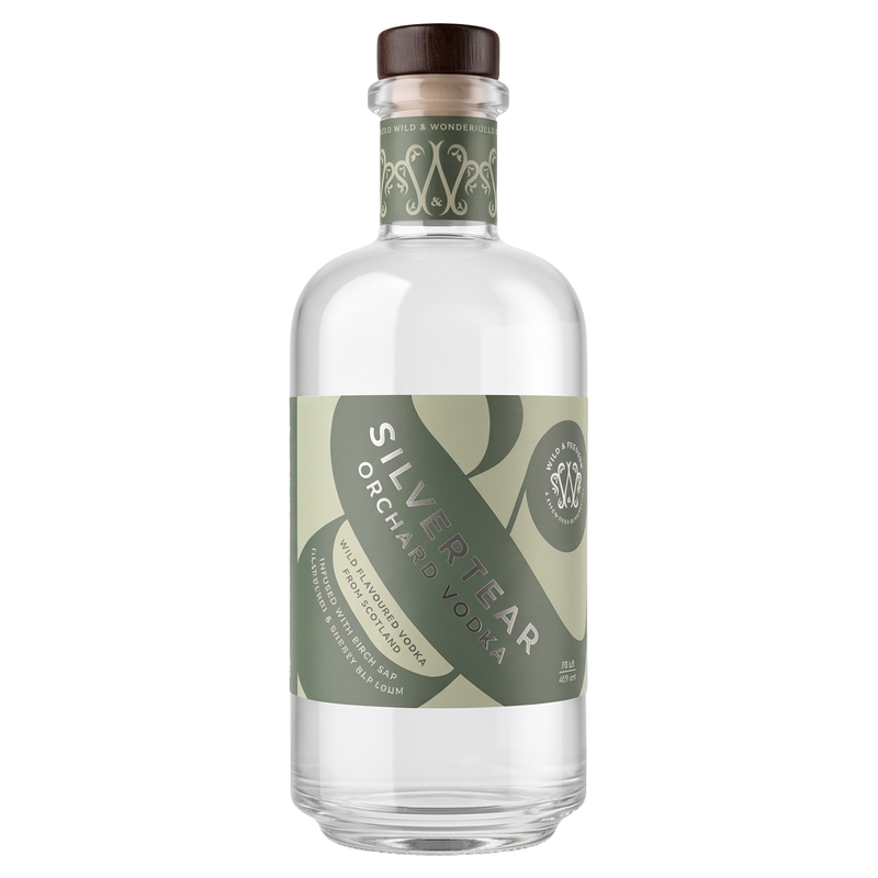 A bottle of Silvertear Orchard Vodka on a solid white background. The clear glass bottle features a dark brown wooden stopper and a label with olive green and light green graphics.
