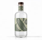 A bottle of Silvertear Orchard Vodka on a solid white background. The clear glass bottle features a dark brown wooden stopper and a label with olive green and light green graphics.