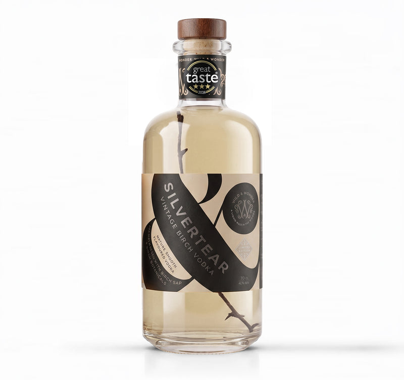 Bottle of Silvertear vintage birch sap vodka by Wild & Wonder on a clean white background. Features a 3 star Great Taste 2026 badge on the neck of the bottle
