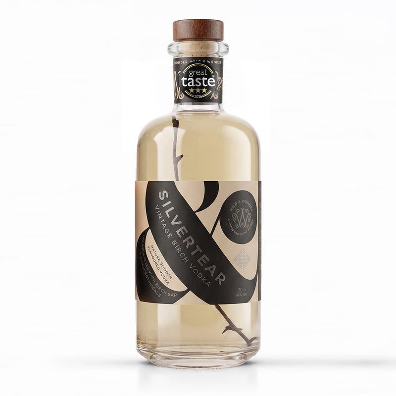 Bottle of Silvertear vintage birch sap vodka by Wild & Wonder on a clean white background. Features a 3 star Great Taste 2026 badge on the neck of the bottle