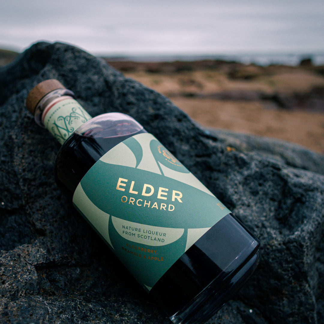 A bottle of Elder Orchard liqueur lying on a mossy rock by the shore