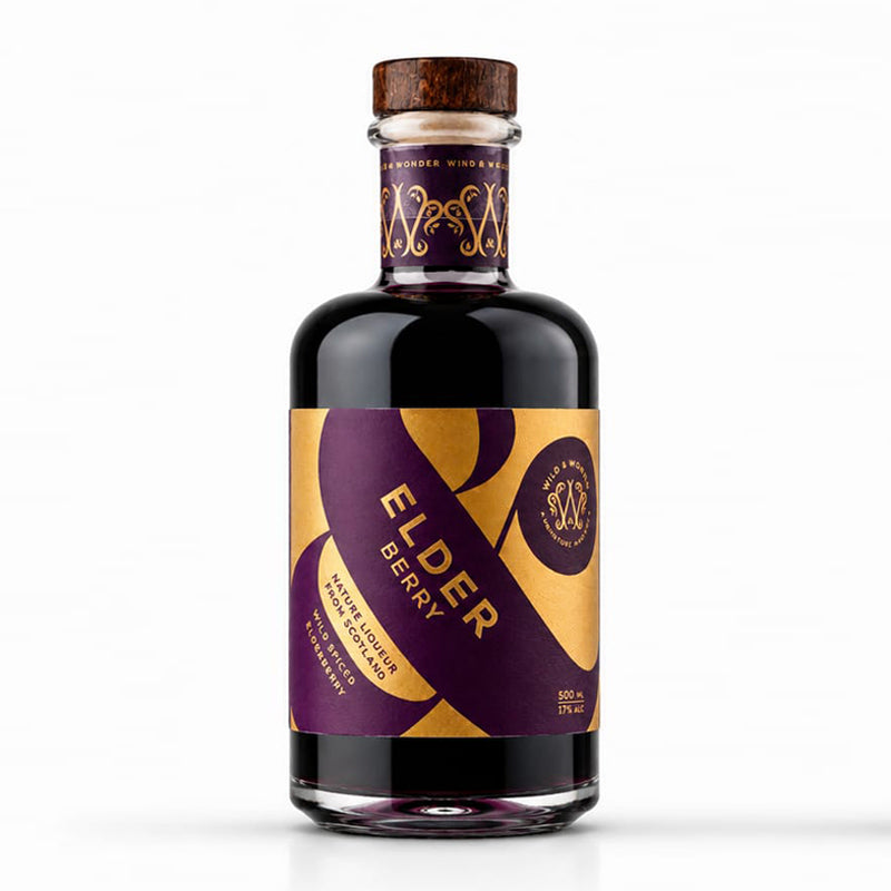 Bottle of Wild & Wonder with botanical ingredients. Elderberry flavour